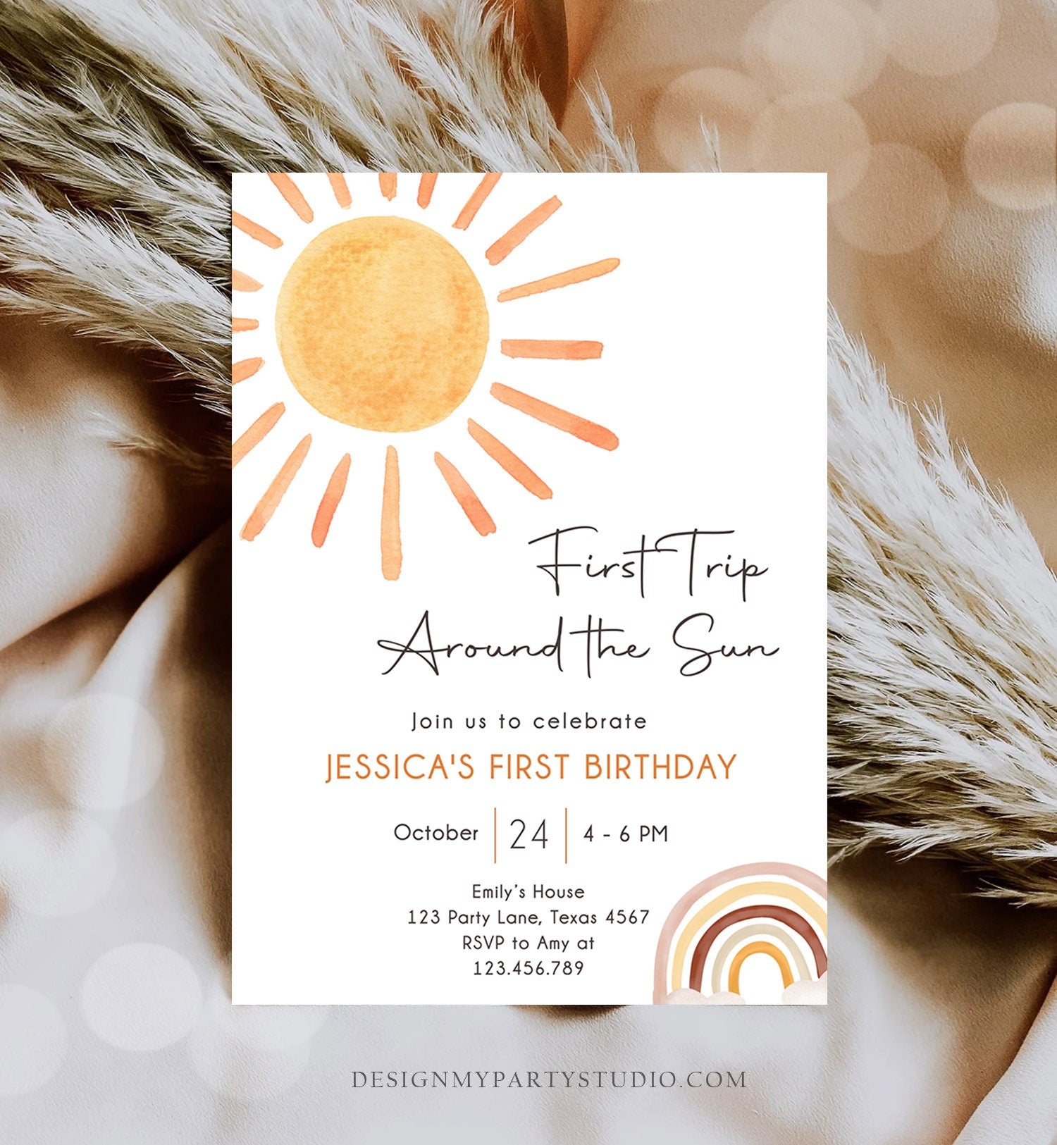 Editable First Trip Around The Sun Birthday Invitation 1st Birthday Sunshine Neutral Boho Download Printable Template Digital Corjl 0431