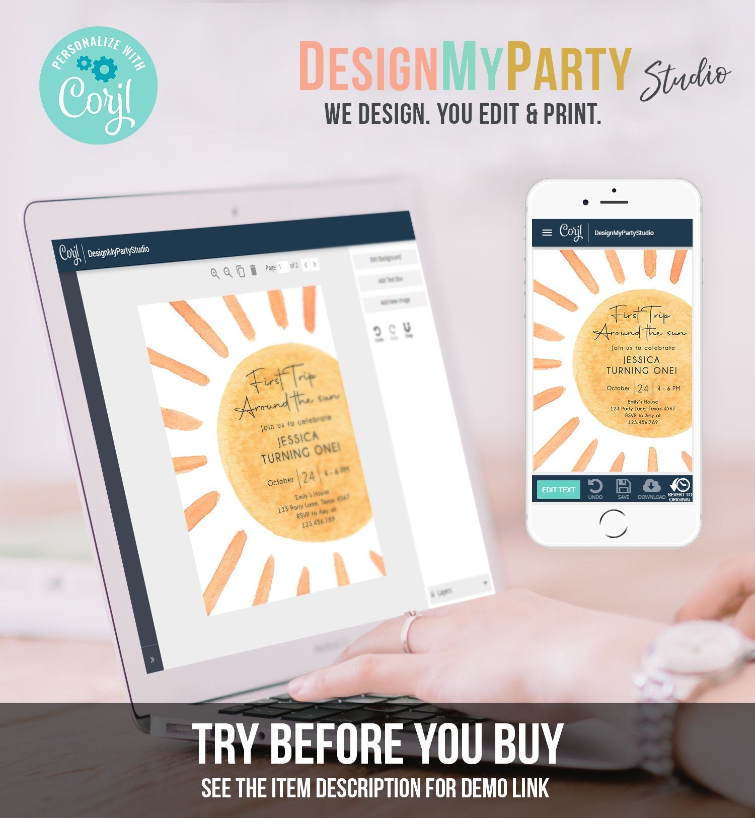 Editable First Trip Around The Sun Birthday Invitation 1st Birthday Sunshine Birthday Boho Digital Download Evite Template Printable 0431