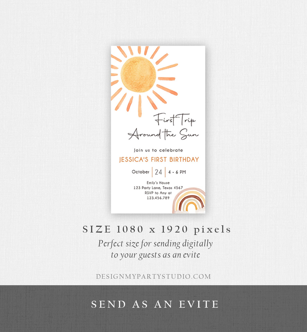 Editable First Trip Around The Sun Birthday Evite 1st Birthday Sunshine Neutral Boho Electronic Download Phone Template Digital Corjl 0431