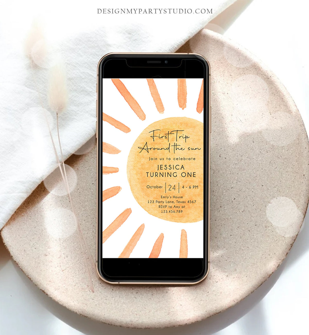 Editable First Trip Around The Sun Birthday Evite 1st Birthday Sunshine Neutral Boho Electronic Download Phone Template Digital Corjl 0431