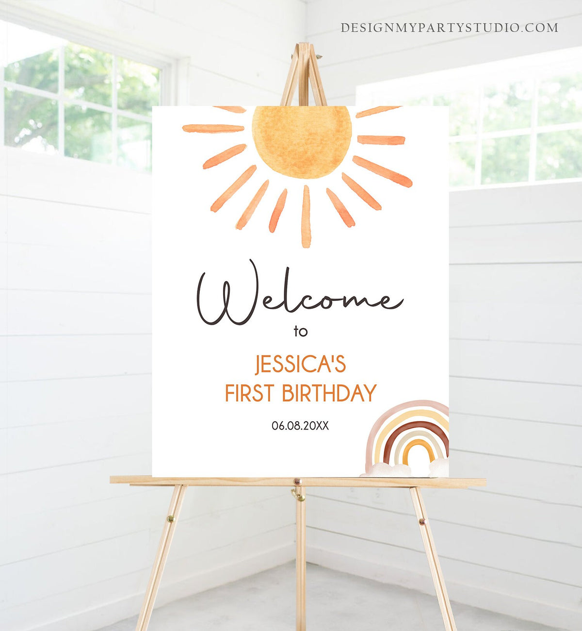 Editable Sunshine Welcome Sign First Trip Around the Sun Birthday Party Boho Gender Neutral Sun Baby Shower Template PRINTABLE Corjl 0431