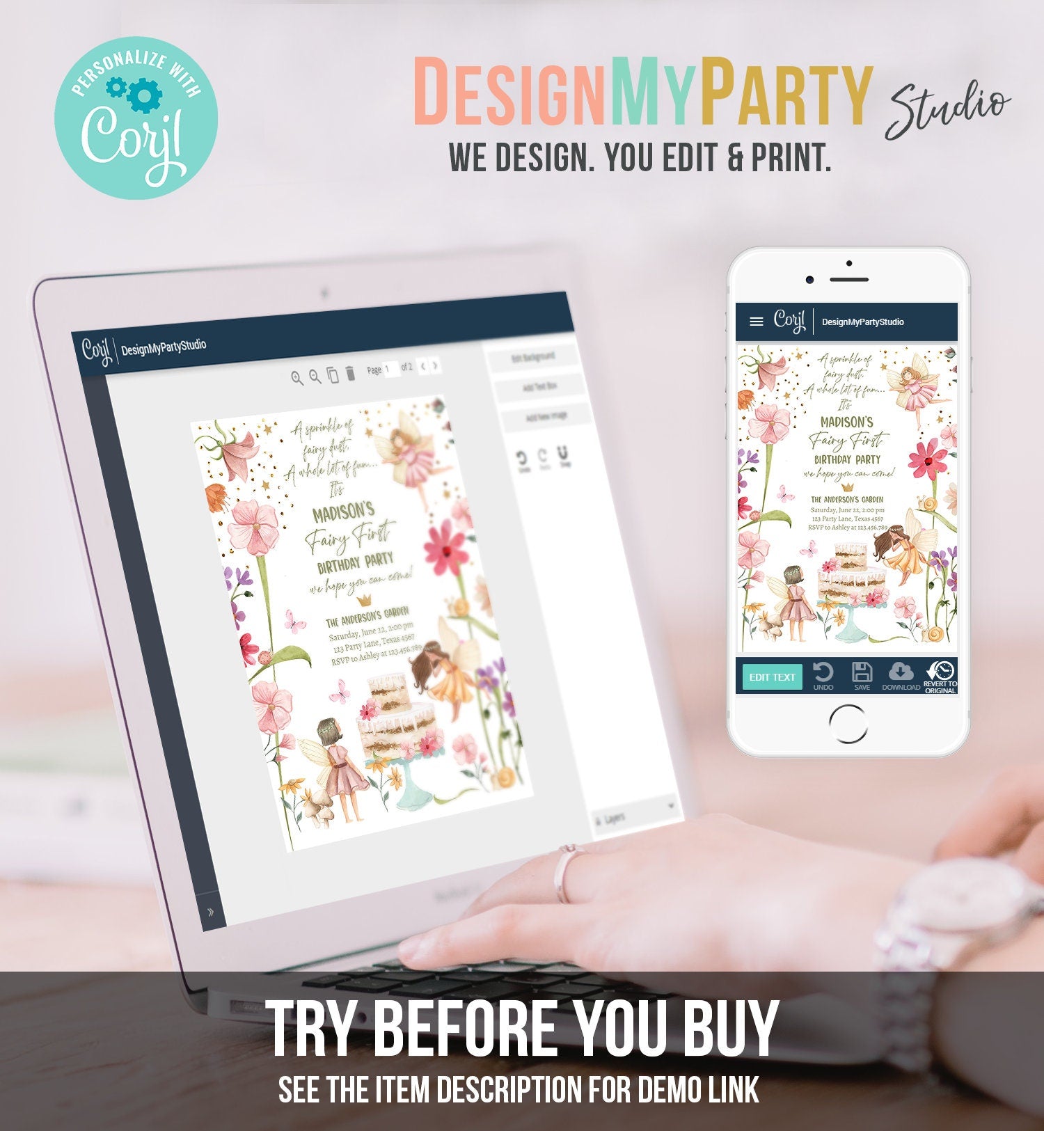 Editable Fairy First Birthday Invitation Fairy Garden Birthday Forest Girl 1st Birthday Magical Digital Download Template Printable 0406