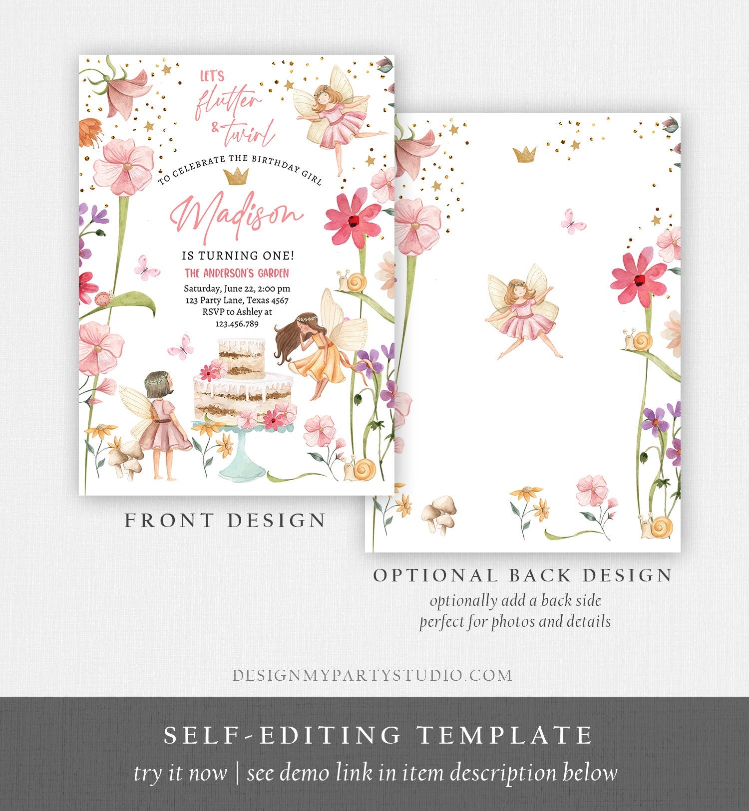 Editable Fairy Princess Birthday Invitation Girl Pink Floral Fairy Party Whimsical Garden Digital Download Evite Template Printable 0406