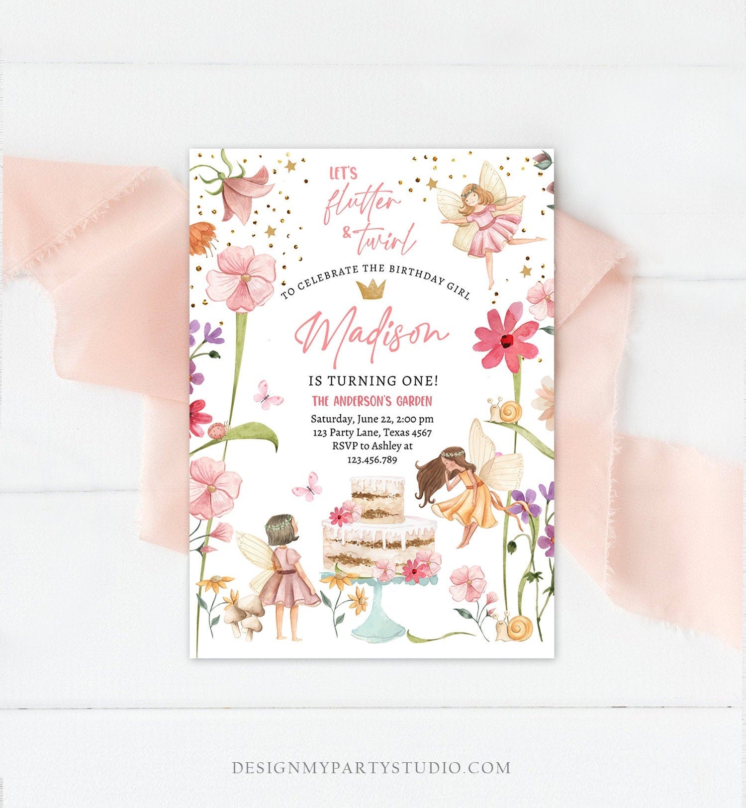 Editable Fairy Princess Birthday Invitation Girl Pink Floral Fairy Party Whimsical Garden Digital Download Evite Template Printable 0406