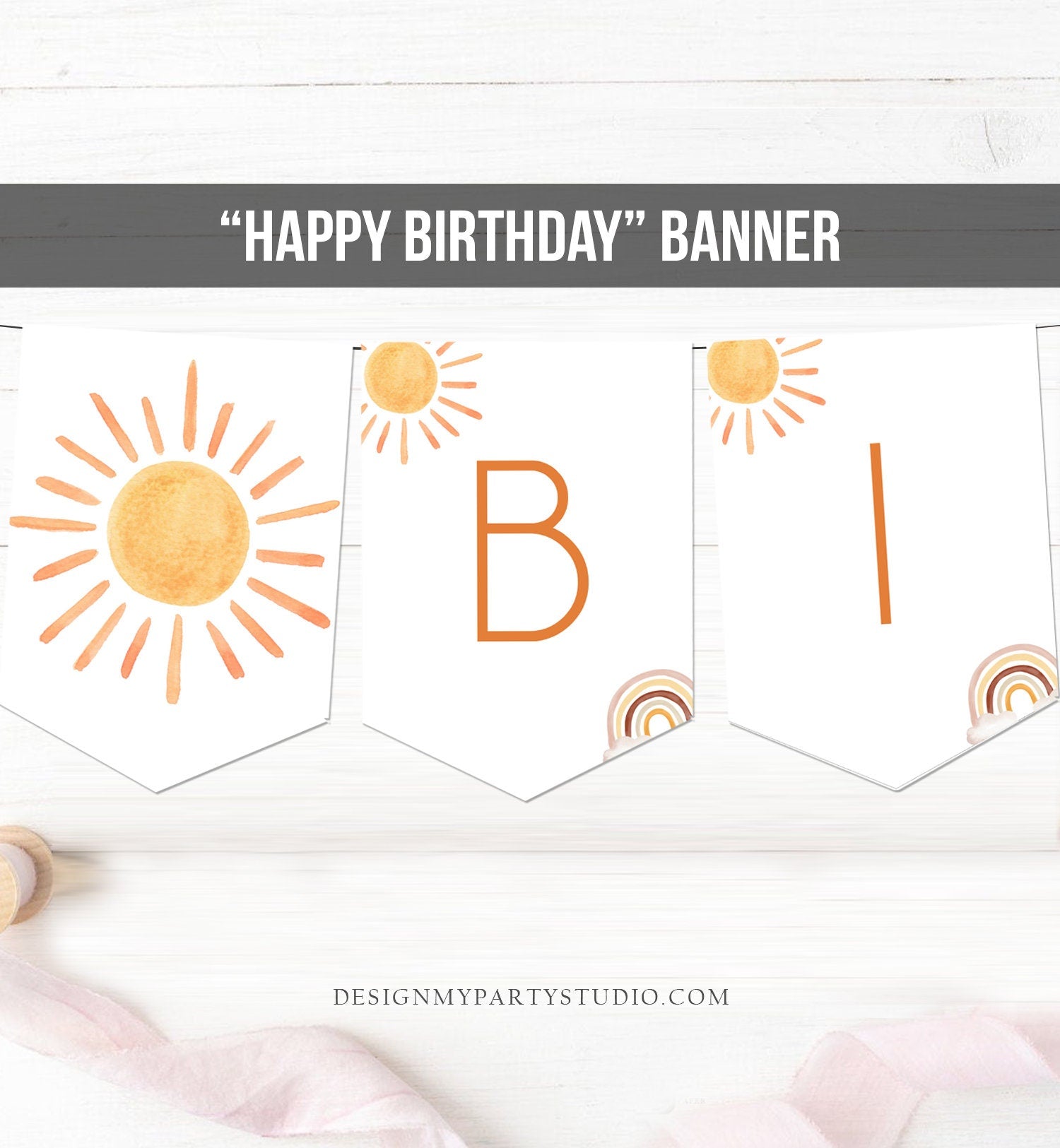 Sun Happy Birthday Banner First Trip Around the Sun Bunting Sunshine Banner Sunshine Birthday Decor Neutral Garland Digital Printable 0431
