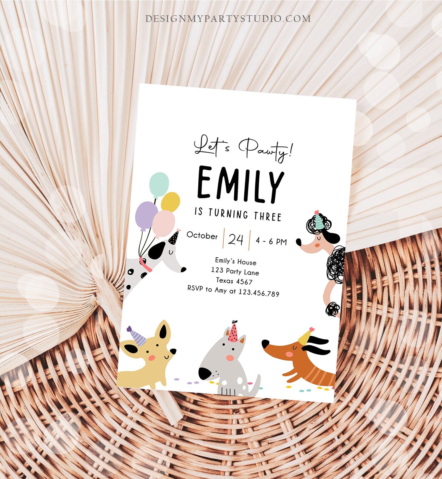 Editable Dog Birthday Party Invitation Puppy Birthday Invite Pink Girl Pawty Birthday Animal Pet Digital Download Template Printable 0429