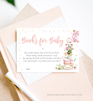 Editable Bring a Book Card Baby is Brewing Baby Shower Pink Tea Party Book Insert Books for Baby Book Request Corjl Template Printable 0349