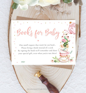 Editable Bring a Book Card Baby is Brewing Baby Shower Pink Tea Party Book Insert Books for Baby Book Request Corjl Template Printable 0349