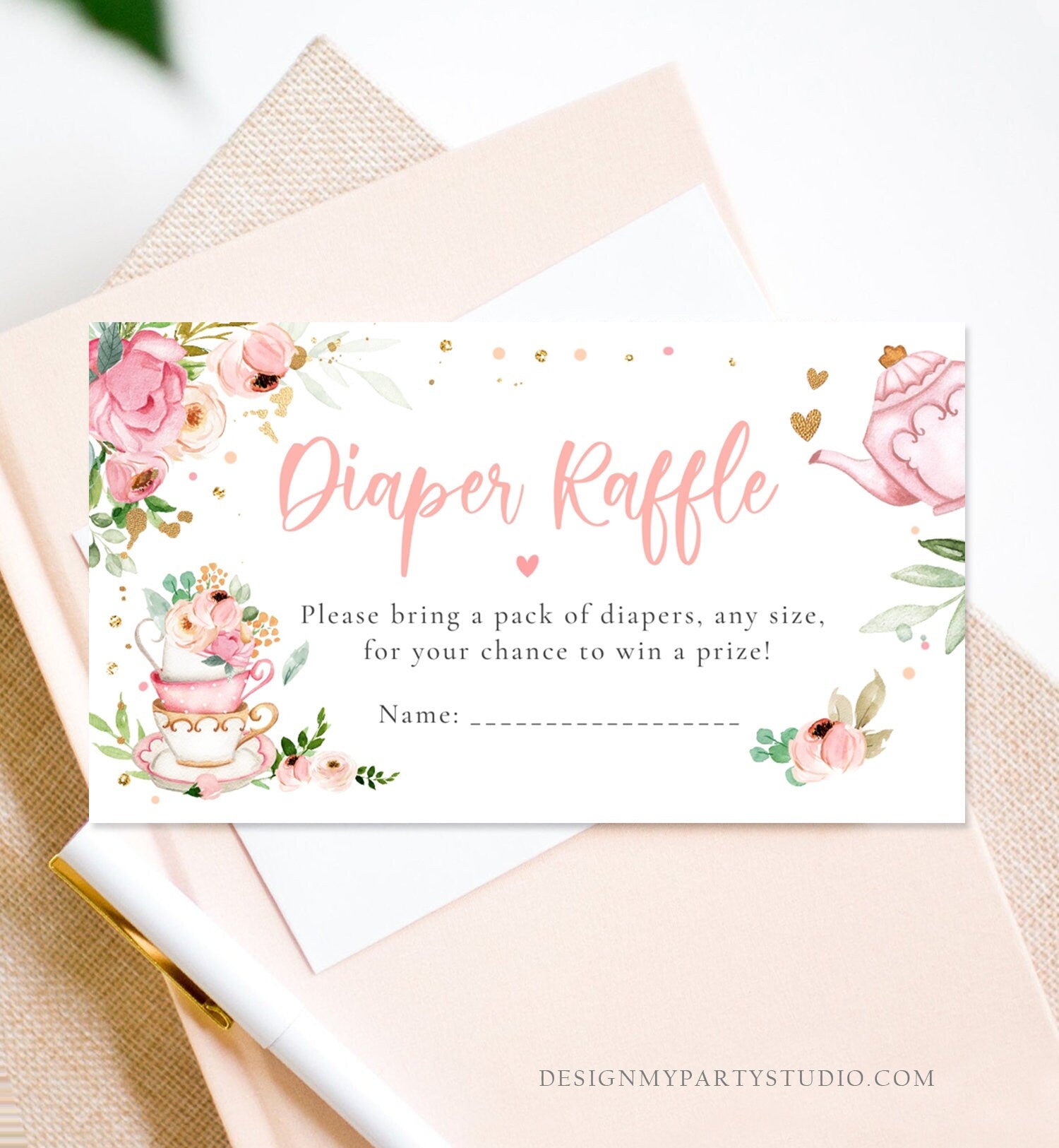 Editable Diaper Raffle Ticket Diaper Game Card Baby is Brewing Baby Shower Tea Floral Brunch Pink Download Template Corjl PRINTABLE 0349