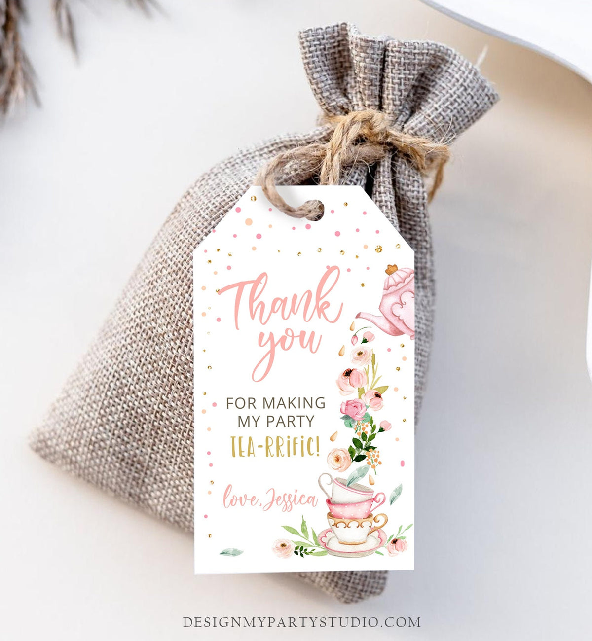 Editable Tea for Two Favor Tags Tea Birthday Thank You Tags Tea-rrific Tea Party Garden Floral Pink Pot Gift Tag Digital Corjl Template 0349