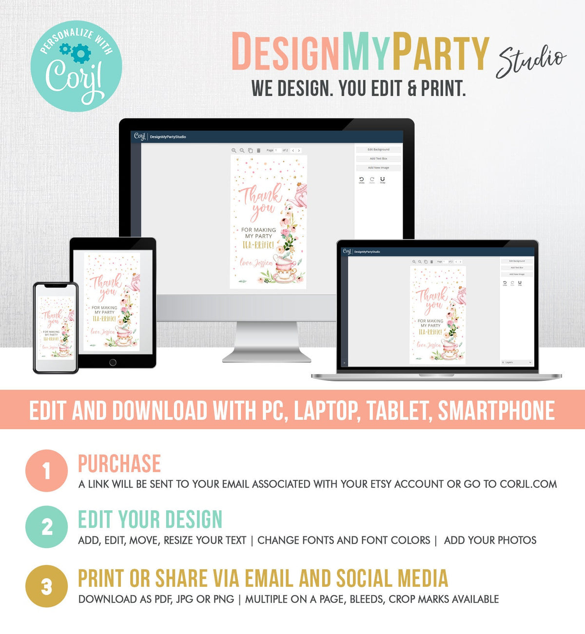 Editable Tea for Two Favor Tags Tea Birthday Thank You Tags Tea-rrific Tea Party Garden Floral Pink Pot Gift Tag Digital Corjl Template 0349