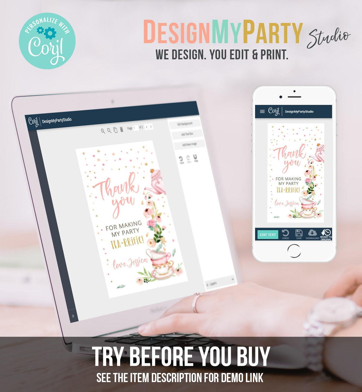 Editable Tea for Two Favor Tags Tea Birthday Thank You Tags Tea-rrific Tea Party Garden Floral Pink Pot Gift Tag Digital Corjl Template 0349