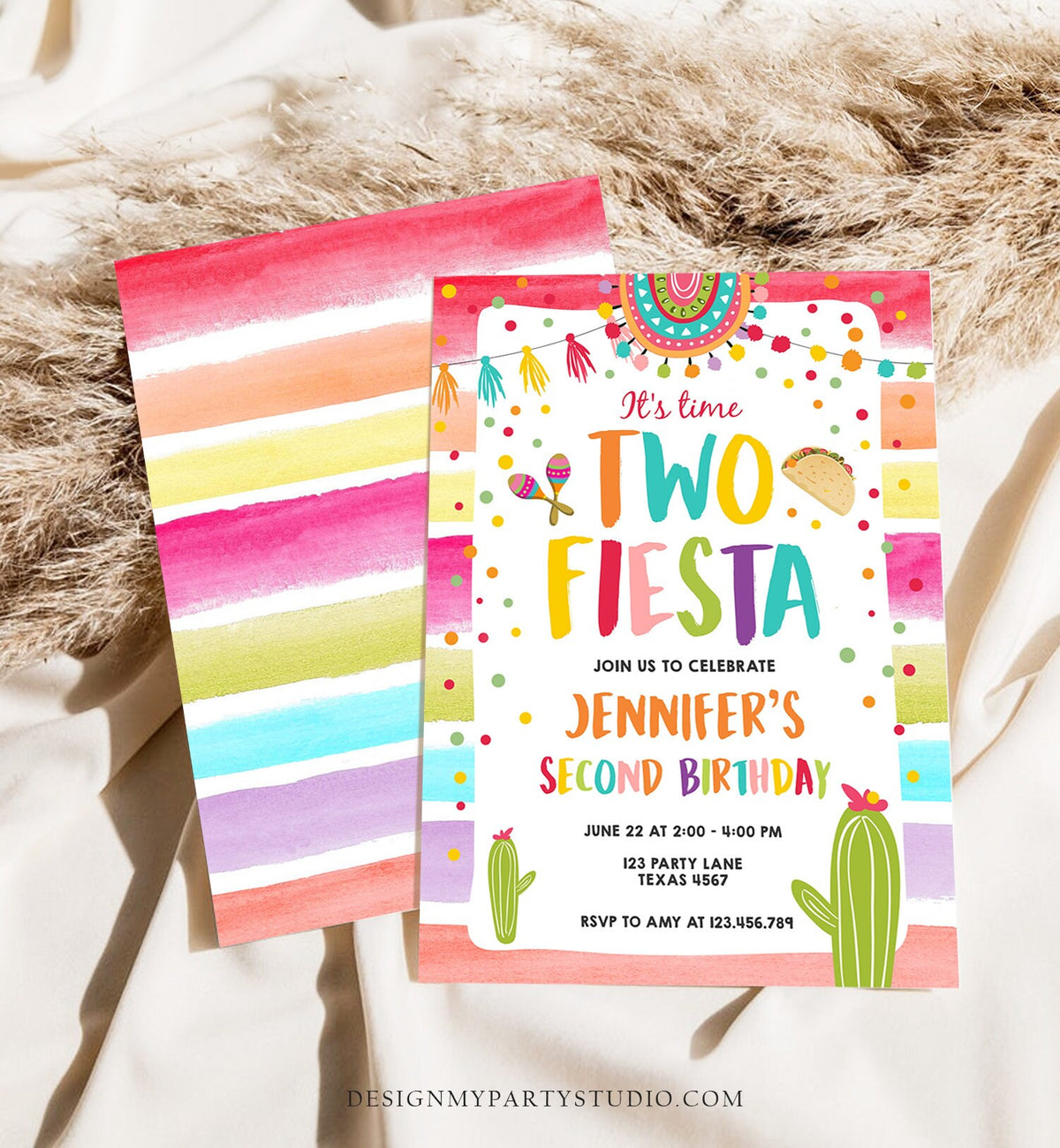 Editable It&#39;s Time Two Fiesta Birthday Invitation Second Birthday 2nd Cactus Mexican Boy Girl Cactus Download Corjl Template Printable 0134
