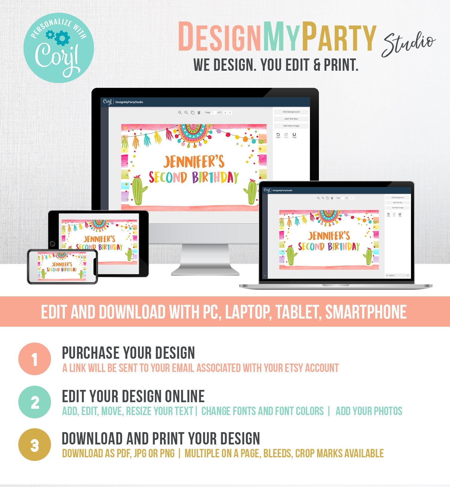 Editable Fiesta Birthday Backdrop Banner Mexican Cactus Succulent Desert Floral Baby Shower 2nd Two Download Digital Template Printable 0134