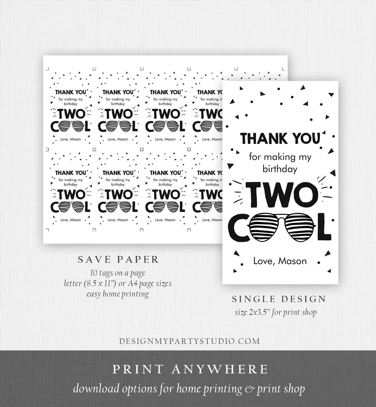 Editable Two Cool Favor Tags Birthday Thank You Tags Boy Second Birthday 2nd Gift Tags Sunglasses Pilot Corjl Template Printable 0136