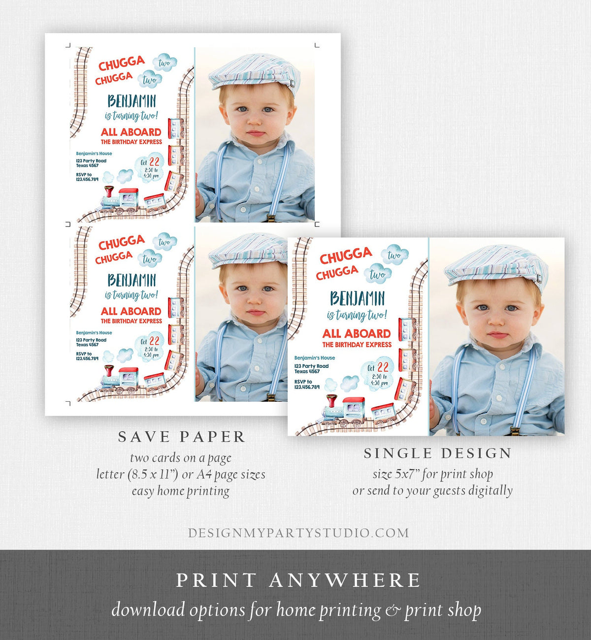 Editable Chugga Chugga Two Two Train Birthday Invitation Vintage Choo Choo Train Party Train 2nd Birthday Template Evite Printable 0149
