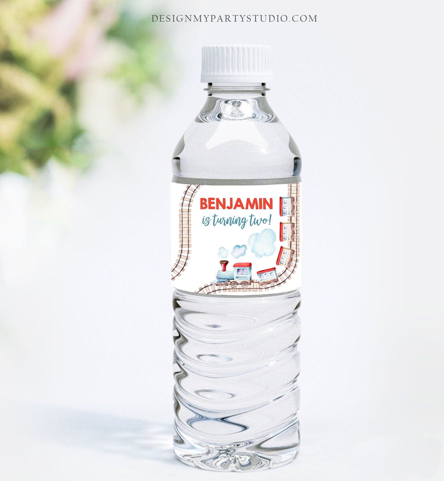 Editable Train Water Bottle Labels Train Birthday Decor Red Blue Bottle Wrap Railroad Chugga Chugga Two Choo Printable Corjl Template 0149