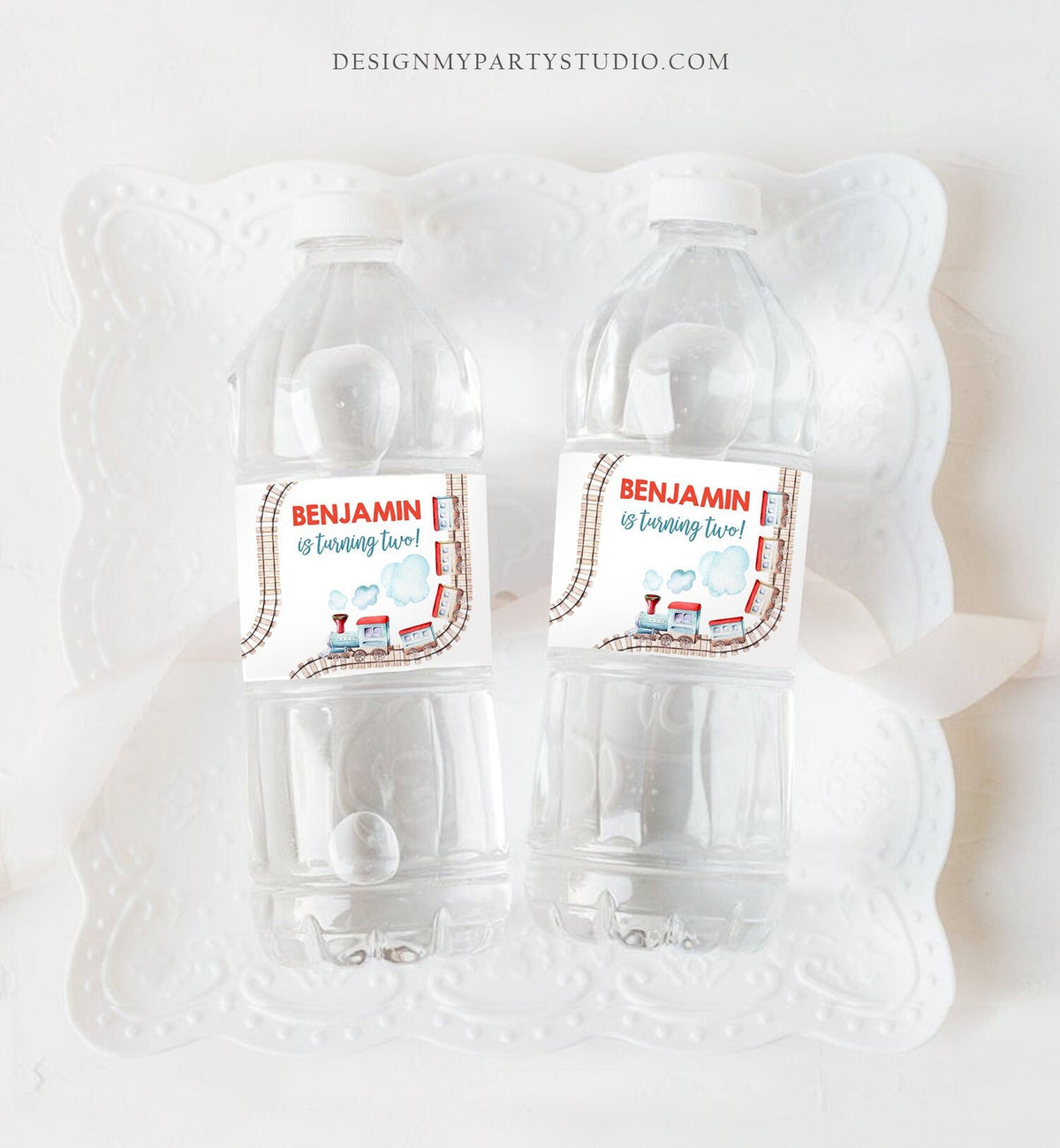 Editable Train Water Bottle Labels Train Birthday Decor Red Blue Bottle Wrap Railroad Chugga Chugga Two Choo Printable Corjl Template 0149