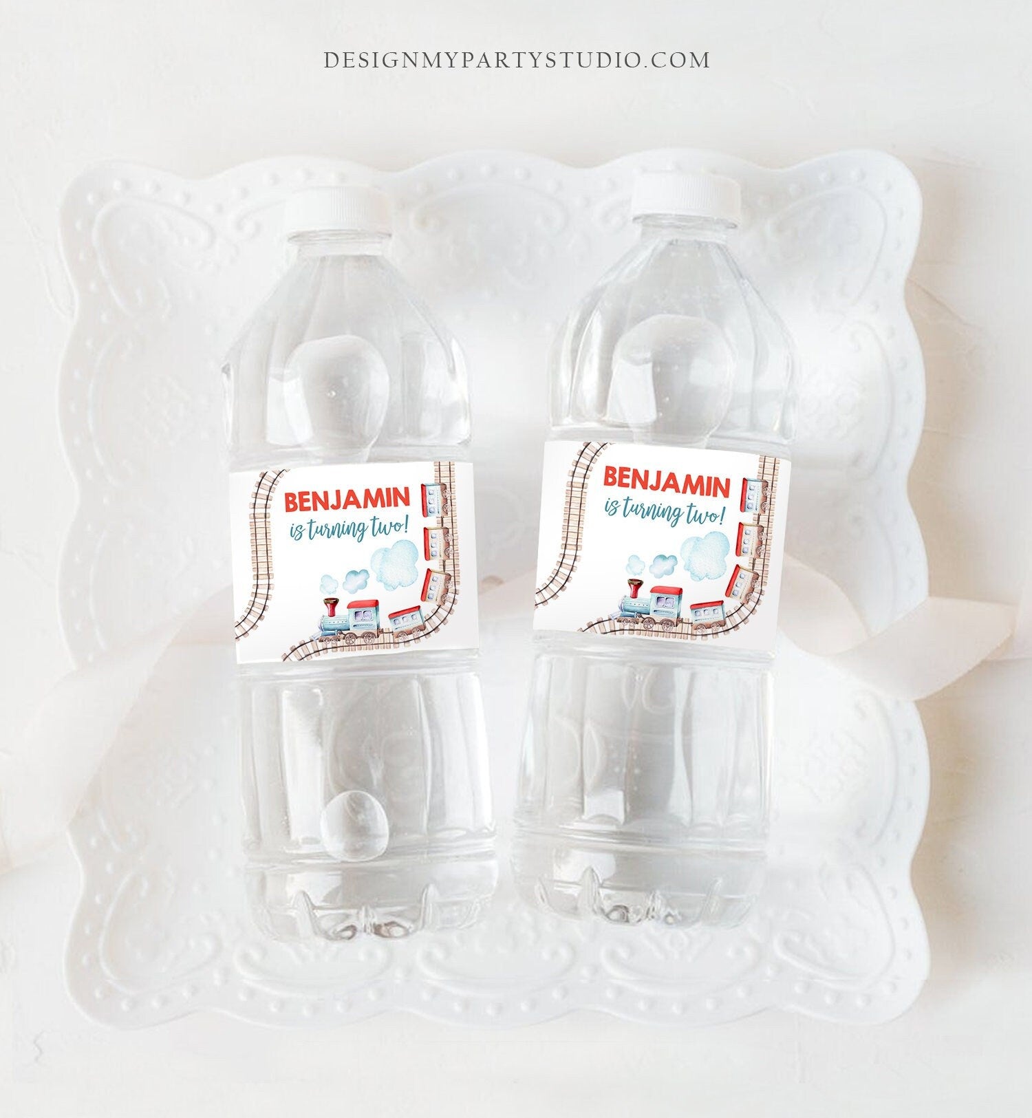 Editable Train Water Bottle Labels Train Birthday Decor Red Blue Bottle Wrap Railroad Chugga Chugga Two Choo Printable Corjl Template 0149