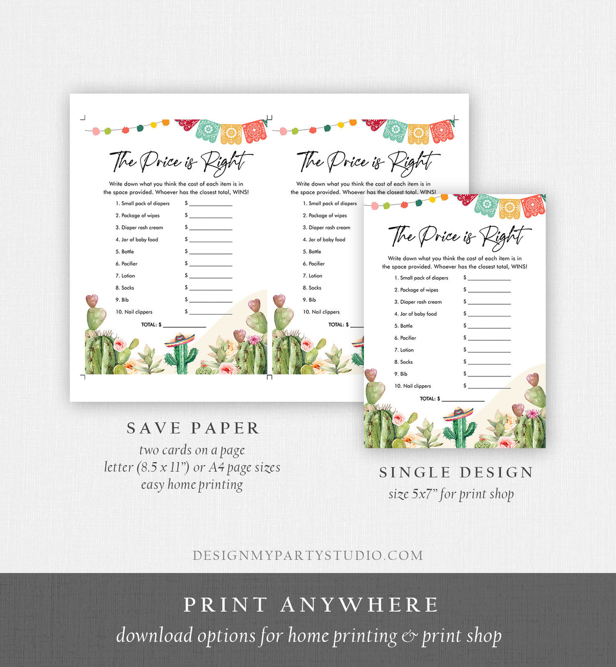 Editable The Price is Right Game Fiesta Baby Shower Cactus Mexican Shower Game Baby Coed Watercolor Download Corjl Template Printable 0404