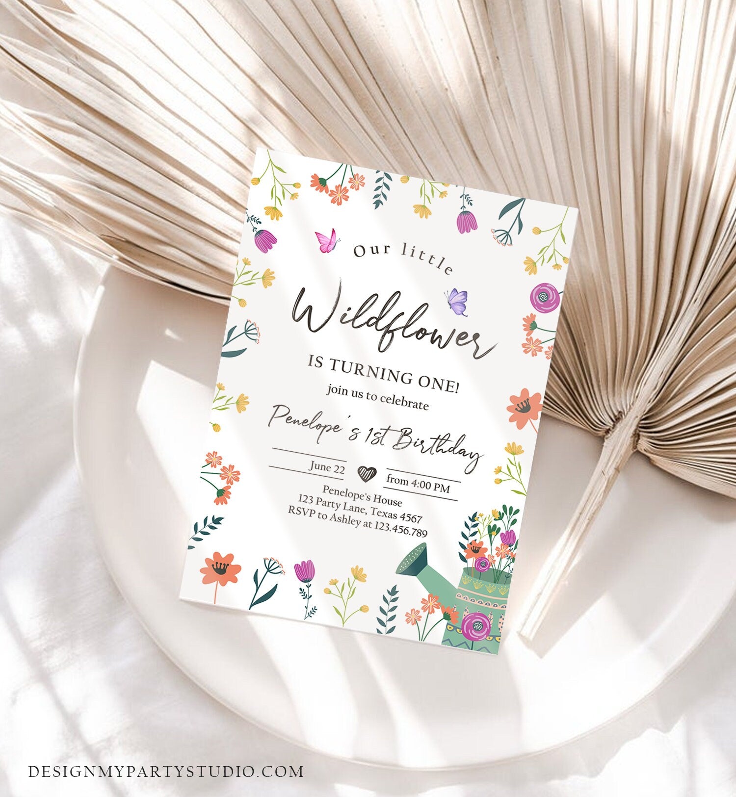 Editable Wildflower First Birthday Invitation 1st Birthday Flower Invitation Girl Garden Butterfly Download Corjl Template Printable 0396