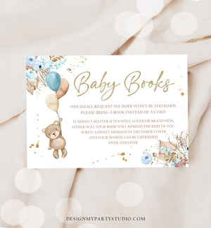 Editable Teddy Bear Bring a Book Card Boho Rustic Boy Baby Shower Book Insert Books for Baby Boy Pampas Gras Template PRINTABLE Corjl 0421