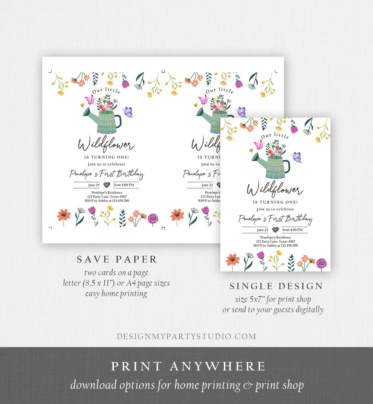 Editable Wildflower First Birthday Invitation 1st Birthday Girl Wild Flower Garden Party Boho Floral Download Evite Template Printable 0396