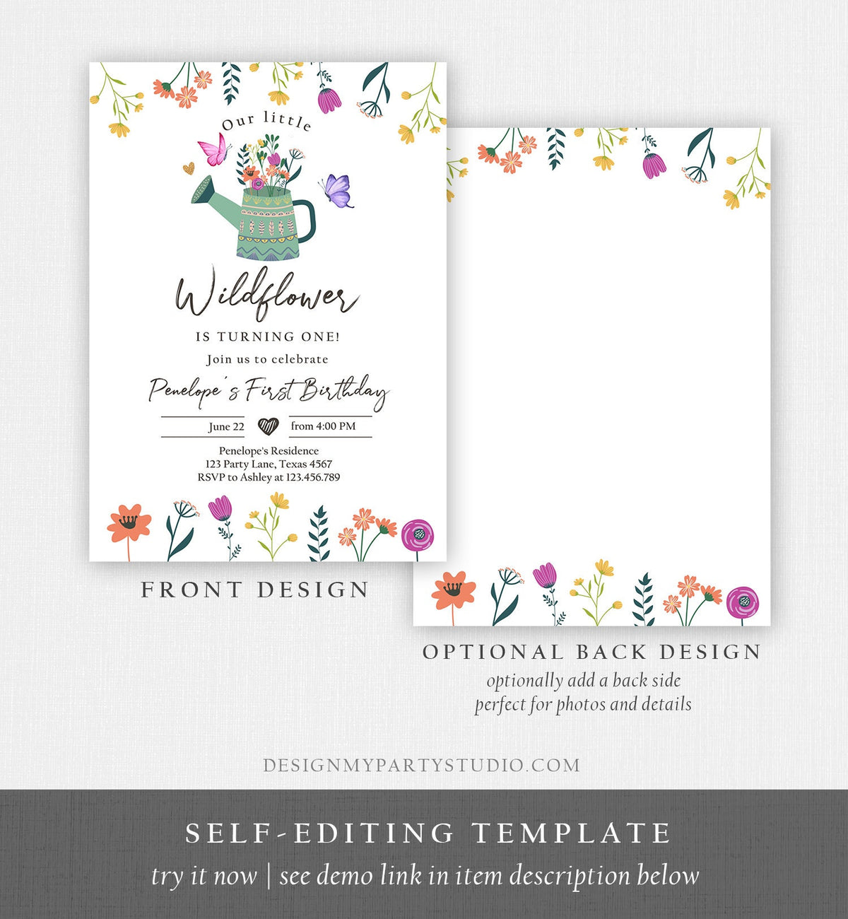 Editable Wildflower First Birthday Invitation 1st Birthday Girl Wild Flower Garden Party Boho Floral Download Evite Template Printable 0396