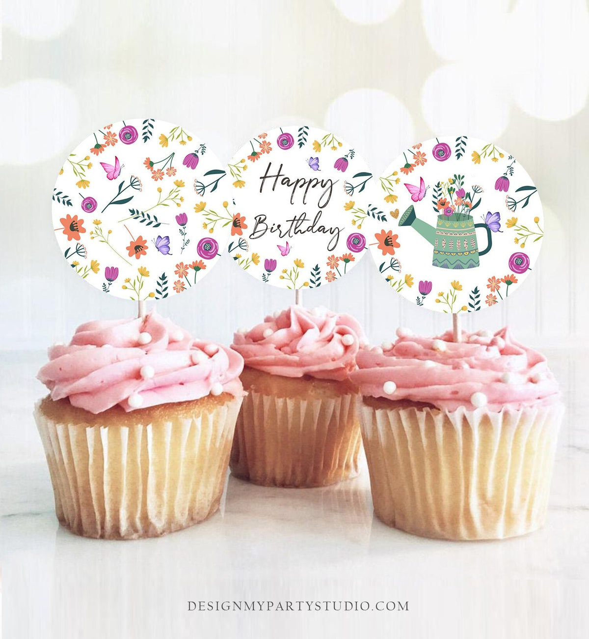 Wildflower First Birthday Cupcake Toppers Favor Tags Floral Wildflower Birthday Party Decor Garden Butterfly Download Digital PRINTABLE 0396