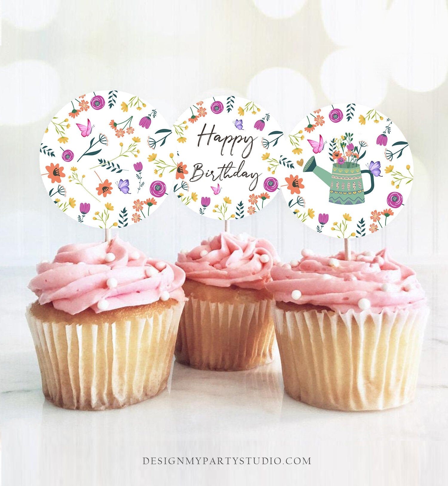 Wildflower First Birthday Cupcake Toppers Favor Tags Floral Wildflower - Design My Party Studio for Printable Floral Free Printable Happy Birthday Cake Topper Printable