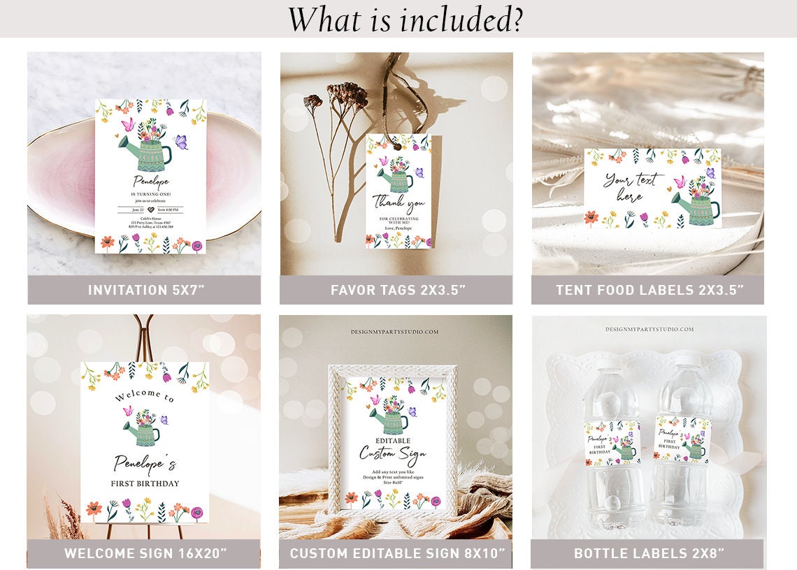 Wildflower Birthday Invitation Bundle Little Wildflower Birthday Party Decor Girl 1st Garden Party Butterfly Printable Digital Template 0396