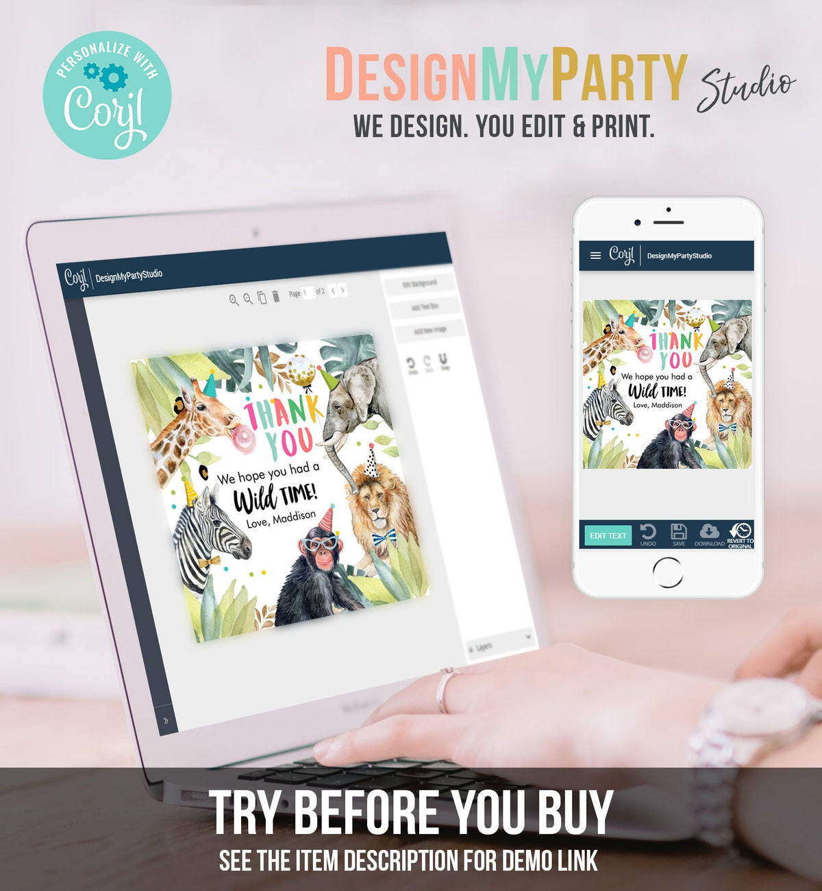 Editable Party Animals Favor Tags Wild One Animals Thank You Tags Safari Zoo Girl Birthday Wild Time Sticker Tag Digital Corjl Template 0417