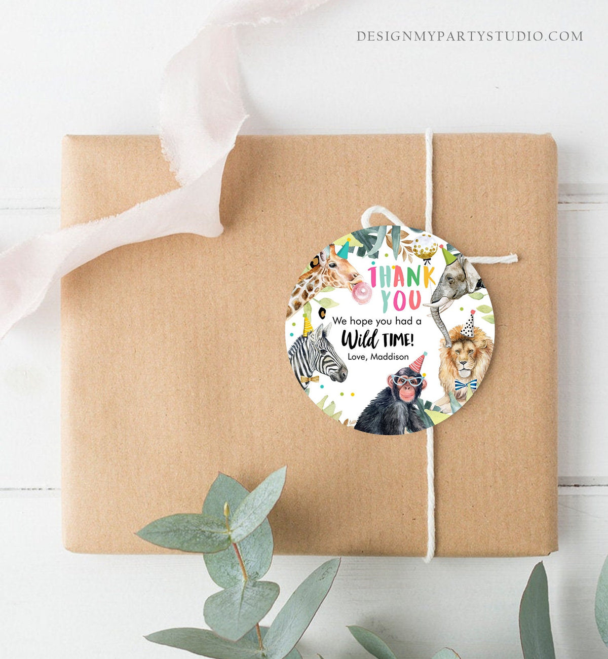 Editable Party Animals Favor Tags Wild One Animals Thank You Tags Safari Zoo Girl Birthday Wild Time Sticker Tag Digital Corjl Template 0417