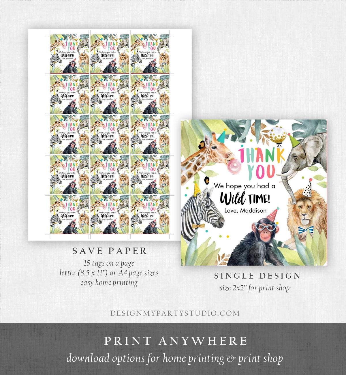 Editable Party Animals Favor Tags Wild One Animals Thank You Tags Safari Zoo Girl Birthday Wild Time Sticker Tag Digital Corjl Template 0417