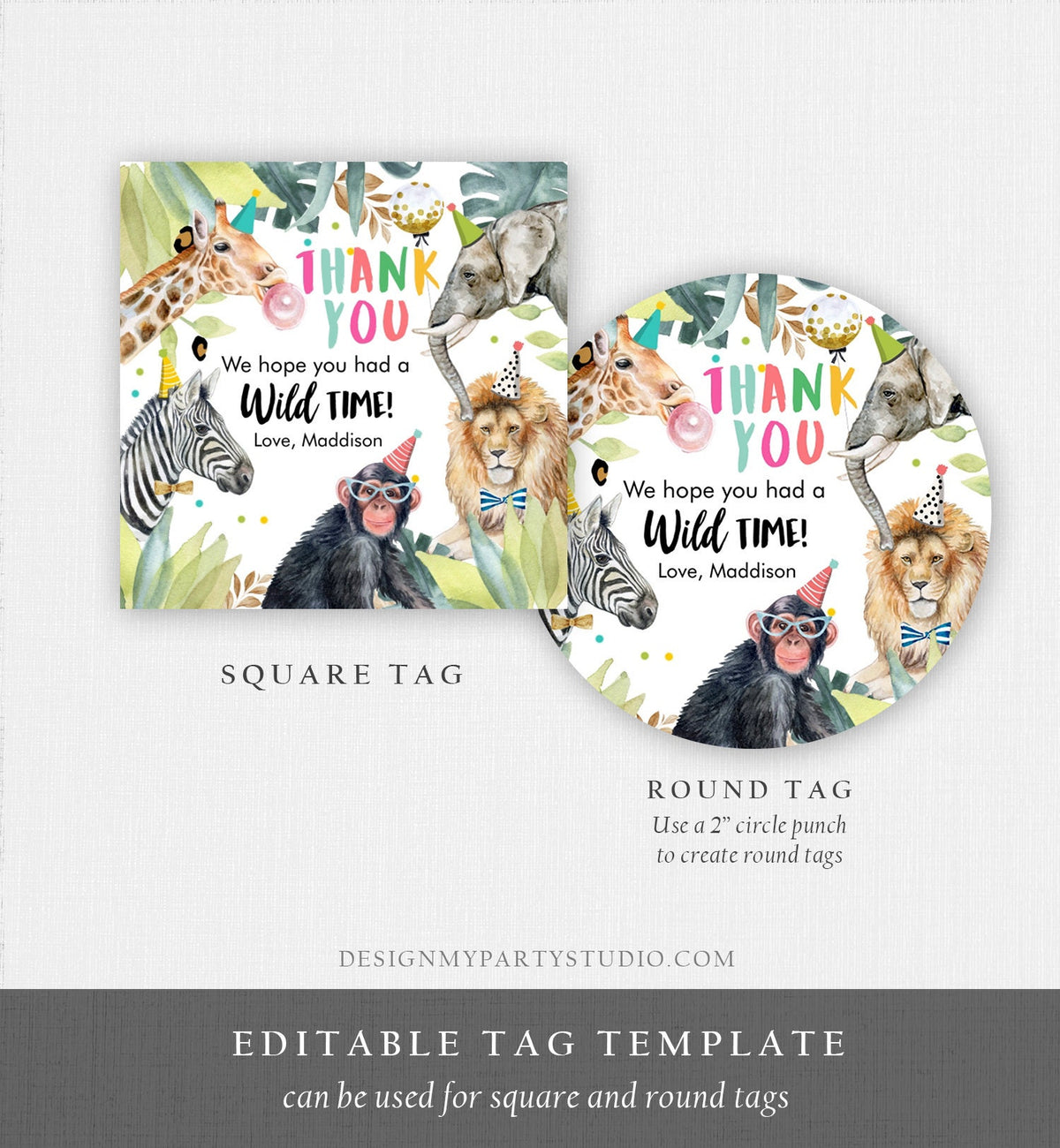 Editable Party Animals Favor Tags Wild One Animals Thank You Tags Safari Zoo Girl Birthday Wild Time Sticker Tag Digital Corjl Template 0417