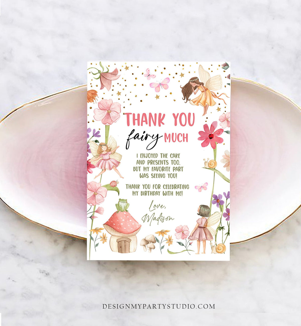 Editable Fairy Birthday Thank You Card Fairy Garden Birthday Girl Forest Thank You Note Boho Magical Template Instant Download Corjl 0406