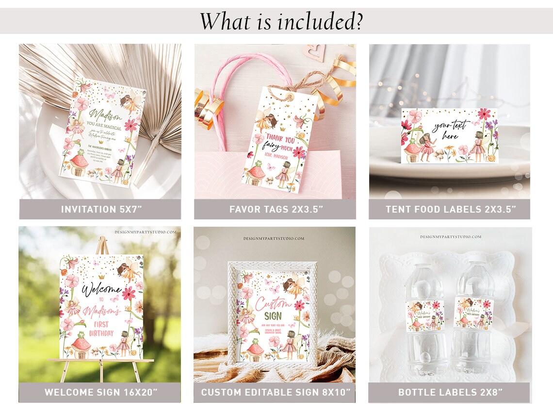 Fairy Birthday Invitation Bundle Fairy Theme Party Garden Party Decor Girl 1st Enchanted Forest Fairy Party Digital Template Printable 0406