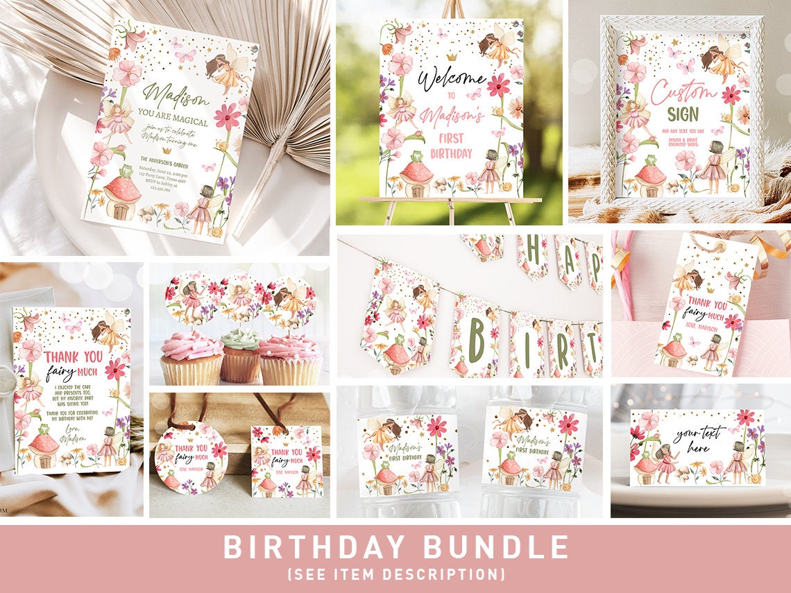 Fairy Birthday Invitation Bundle Fairy Theme Party Garden Party Decor Girl 1st Enchanted Forest Fairy Party Digital Template Printable 0406