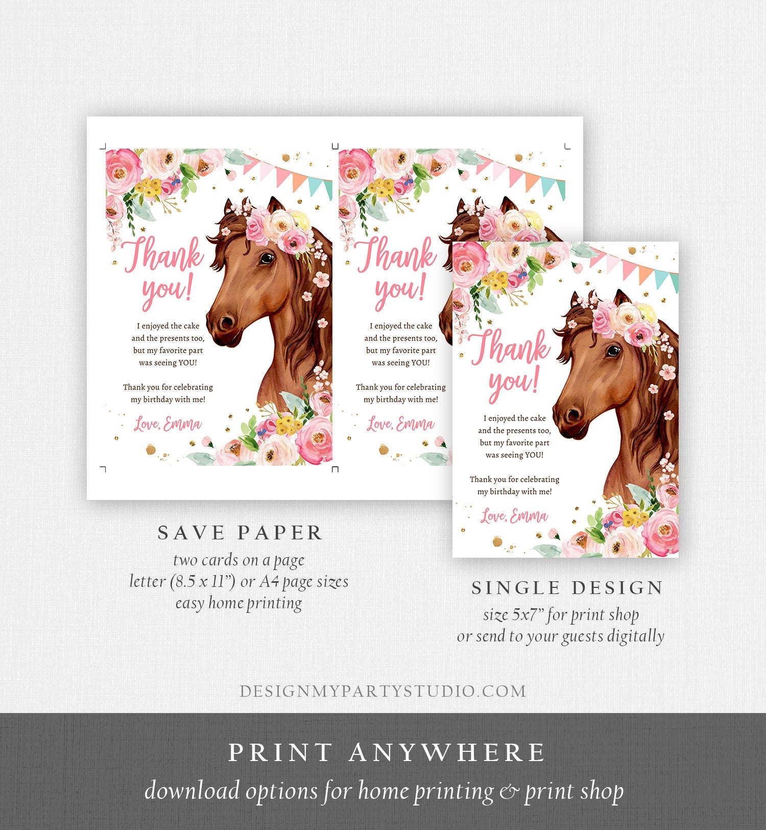 Editable Horse Thank You Card Note Girl Birthday Party Cowgirl Watercolor Pink Floral Saddle Up Download Printable Corjl Template 0408