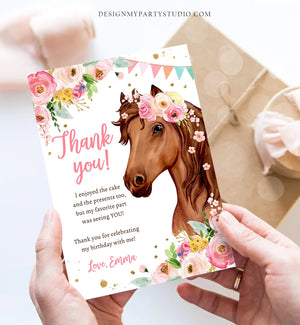 Editable Horse Thank You Card Note Girl Birthday Party Cowgirl Watercolor Pink Floral Saddle Up Download Printable Corjl Template 0408