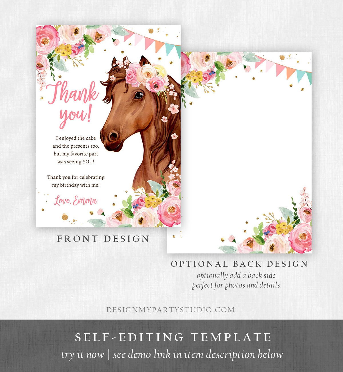 Editable Horse Thank You Card Note Girl Birthday Party Cowgirl Watercolor Pink Floral Saddle Up Download Printable Corjl Template 0408