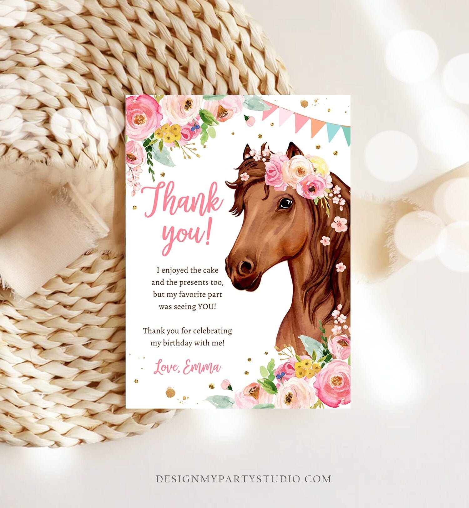 Editable Horse Thank You Card Note Girl Birthday Party Cowgirl Watercolor Pink Floral Saddle Up Download Printable Corjl Template 0408