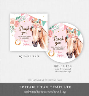 Editable Cowgirl Favor Tags Horse Birthday Party Favor Thank you Sticker Girl Horse Party Floral Download Template PRINTABLE Corjl 0398