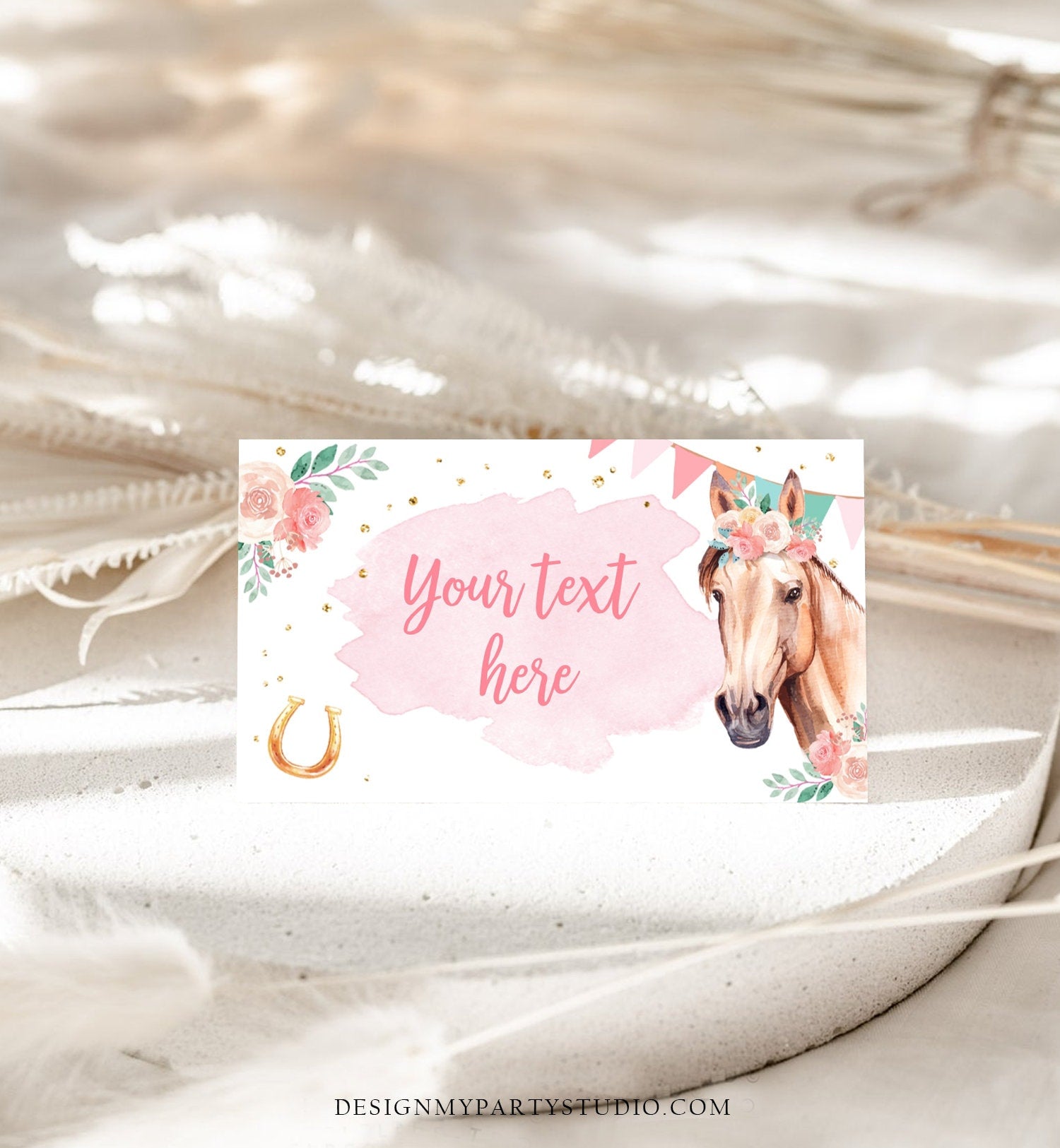 Editable Horse Birthday Food Tent Cards Horse Labels Cowgirl Party Place Cards Girl Pink Floral Pony Saddle Up Printable Template Corjl 0398