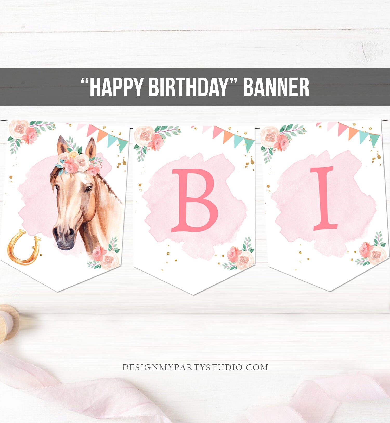 Happy Birthday Banner Horse Birthday Banner Saddle Up Watercolor Cowgirl Party Girl Pony Birthday Decor Download PRINTABLE DIGITAL DIY 0398