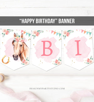 Happy Birthday Banner Horse Birthday Banner Saddle Up Watercolor Cowgirl Party Girl Pony Birthday Decor Download PRINTABLE DIGITAL DIY 0398