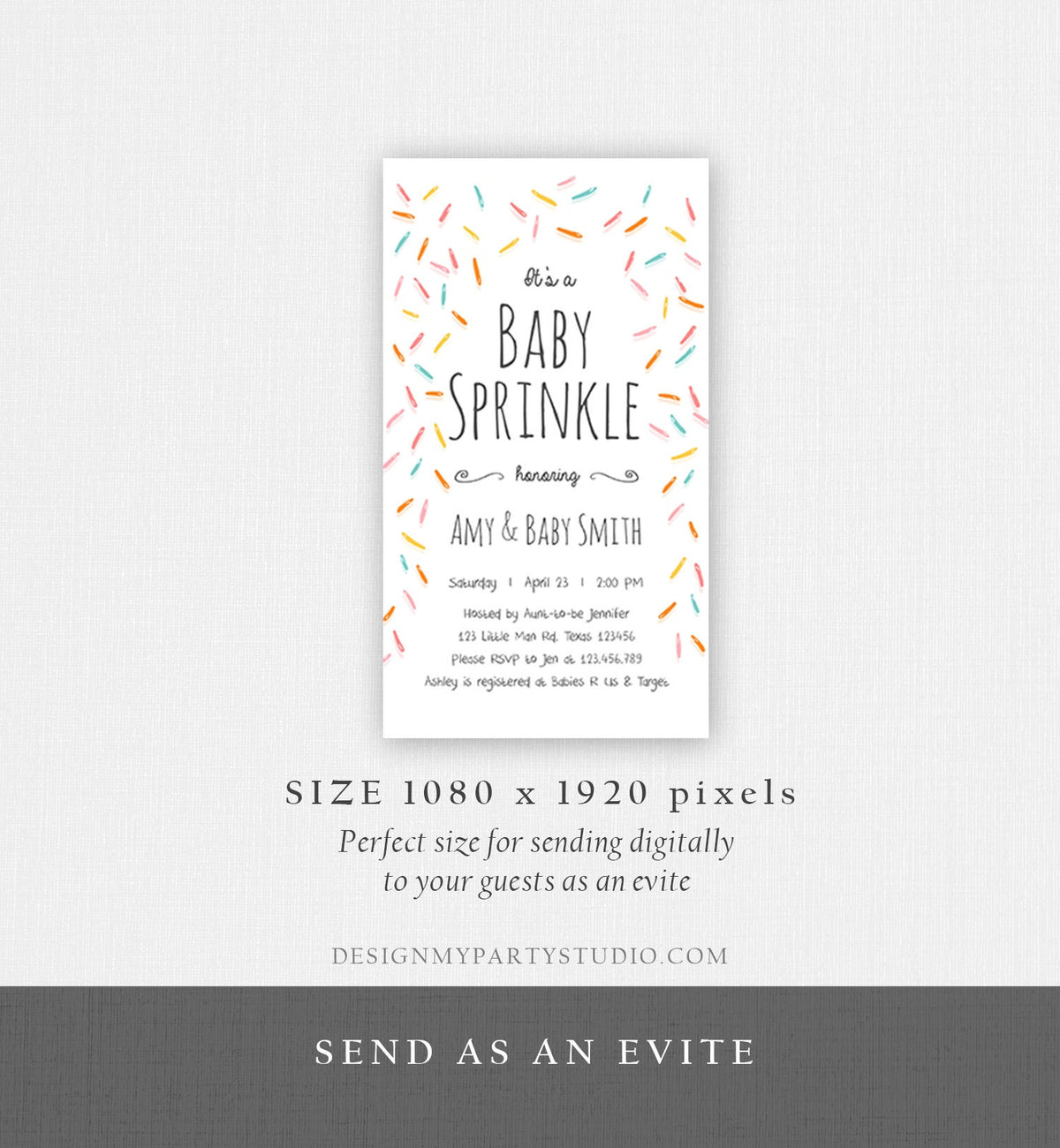 Editable Baby Sprinkle Shower Invitation Baby Shower Evite Gender Neutral Confetti Sprinkles Electronic Digital Corjl Phone Template 0216