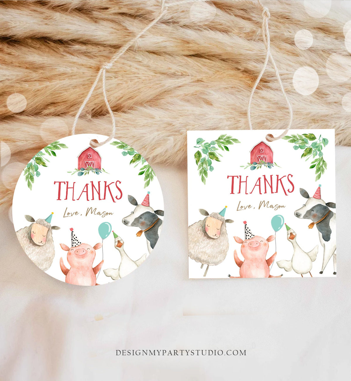 Editable Farm Animals Thank You Tags Boy Birthday Red Barn Barnyard Stickers Farm Birthday Decor Favor Tags Cow Pig Template Corjl 0155