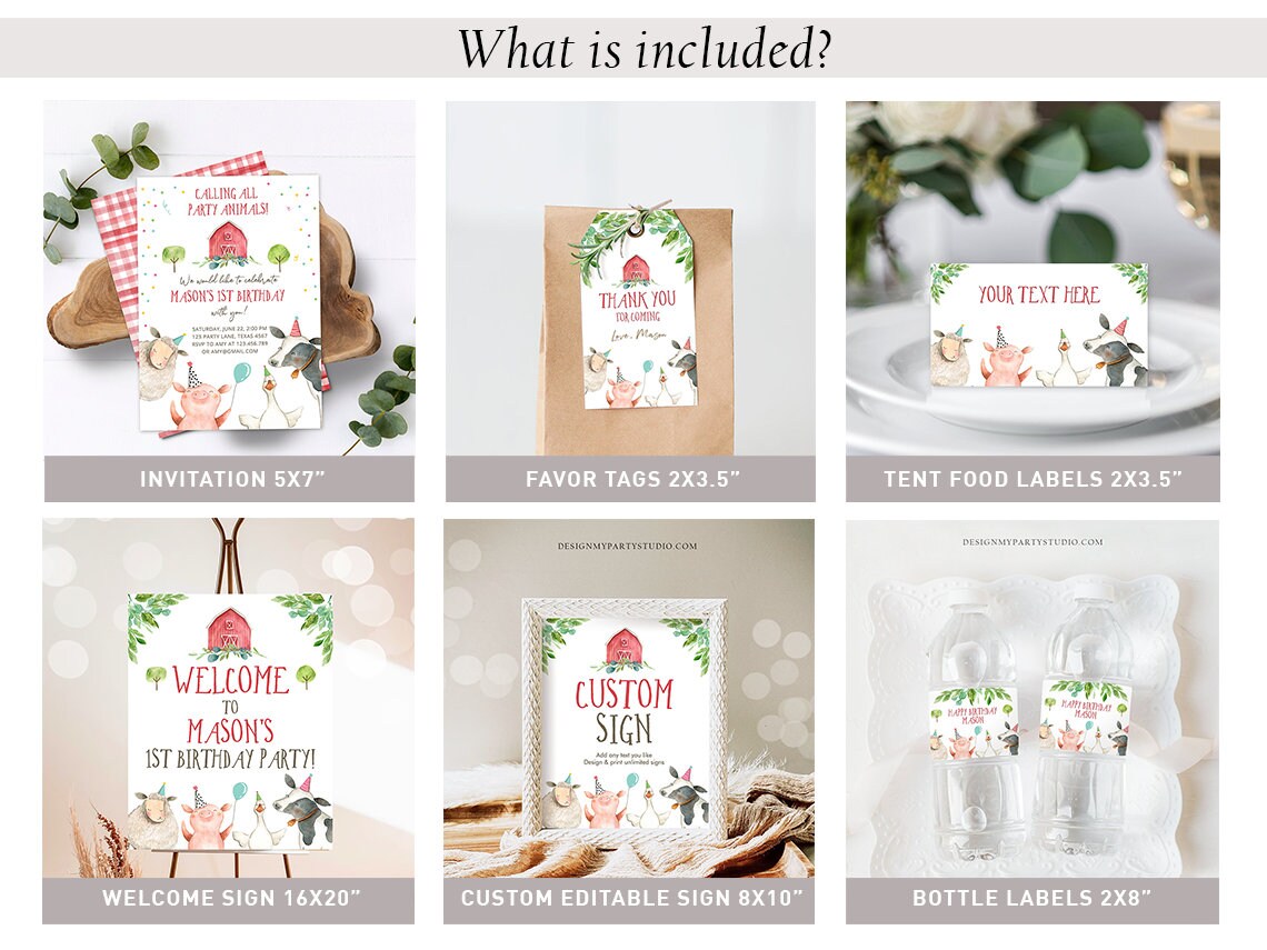 Farm Animals Birthday Invitation Bundle Boy Farm Barnyard Party Party Animals Farm Birthday Party Pack First Printable Corjl Template 0155