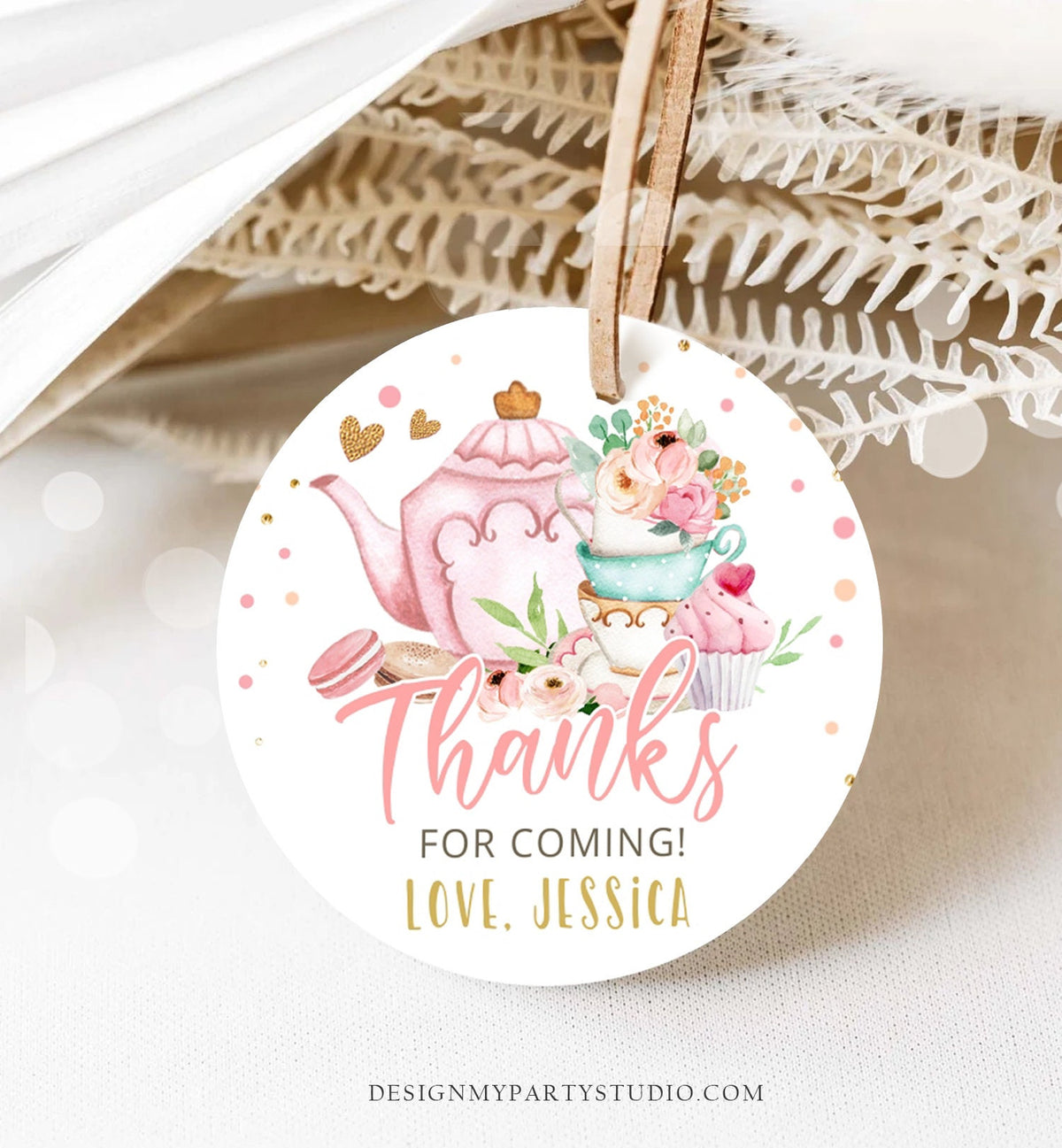 Editable Tea Party Favor Tag Sticker Baby Shower Baby is Brewing Floral Pink Gold Tea for Two Partea Par-tea Template Corjl Printable 0349
